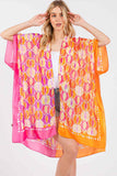 Two Tones Trim Abstract Pattern Silky Feel Kimono