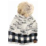 Buffalo Check Mixed Print Fur Pom C.C Beanie