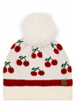 CC Beanie Cherry Pattern Pom Beanie Winter Hat