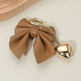 Faux Leather Bow Metal Heart Drop Keychain Bag Charm