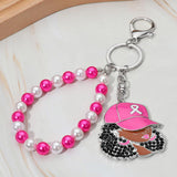 Rhinestone Paved Cool Afro Woman in Awareness Pink Ribbon Cap Beaded Wristlet Keychain / Bag Charm