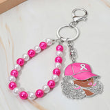 Rhinestone Paved Cool Afro Woman in Awareness Pink Ribbon Cap Beaded Wristlet Keychain / Bag Charm