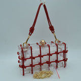 Box Clutch Bag with Cage Overlay and Cord Top Handle
