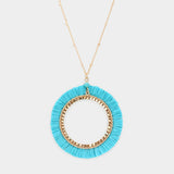 Raffia Trimmed Open Circle Pendant Long Necklace