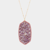 Beaded Raffia Wrapped Hexagon Pendant Long Necklace