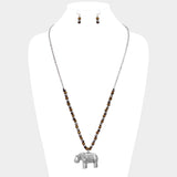 Burnished Metal Elephant Pendant Beaded Long Necklace