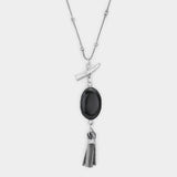 Oval Stone with Faux Leather Tassel Long Necklace