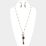 Oval Stone with Faux Leather Tassel Long Necklace