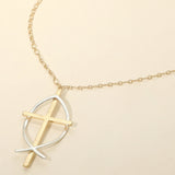 Two Tone Metal Cross Fish Symbol Pendant Long Necklace