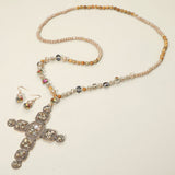 Stone Pearl Embellished Cluster Cross Pendant Faceted Beaded Long Necklace