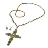Stone Pearl Embellished Cluster Cross Pendant Faceted Beaded Long Necklace