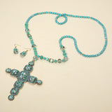 Stone Pearl Embellished Cluster Cross Pendant Faceted Beaded Long Necklace