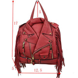 Faux Leather Moto Jacket Backpack with Side Fringe Accents
