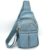 Grained Sling Bag with Perforated Accent and Gold Zippers