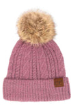C.C Soft cuff Beanie in Mixed Cable Pattern with Faux Fur Pom