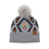 C.C Soft Aztec Pattern Beanie with Faux Fur Pom