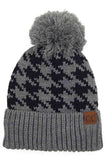 C.C Houndstooth Knit Beanie With Pom
