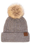 C.C Soft cuff Beanie in Mixed Cable Pattern with Faux Fur Pom