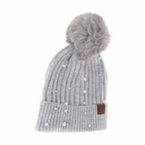 C.C Pearl Embellishments Pom Pom Beanie Hat
