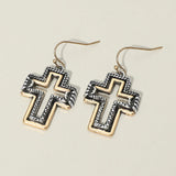 Two Tone Antique Metal Open Cross Charm Drop Dangle Earrings