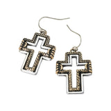 Two Tone Antique Metal Open Cross Charm Drop Dangle Earrings