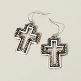 Two Tone Antique Metal Open Cross Charm Drop Dangle Earrings