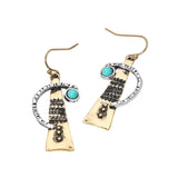 Turquoise Stone Accent Abstract Textured Metal Drop Earrings
