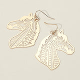 Brass Metal Filigree Horse Dangle Earrings
