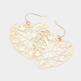 Metal Brass Heart Filigree Dangle Earrings