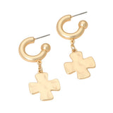 Matte Hammered Metal Cross Charm Drop Mini Hoop Earrings