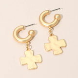 Matte Hammered Metal Cross Charm Drop Mini Hoop Earrings