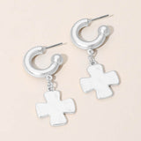 Matte Hammered Metal Cross Charm Drop Mini Hoop Earrings