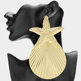 Oversized Textured Metal Starfish Seashell Drop Statement Earrings