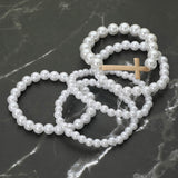 5PCS - Cross Accent Pearl Beaded Stretch Multi Layered Bracelets