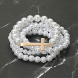 5PCS - Cross Accent Pearl Beaded Stretch Multi Layered Bracelets