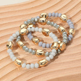 3PCS - Worn Metal Pebble Beaded Stretch Multi Layered Bracelets