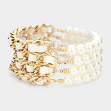 4PCS - Faux Leather Braided Pearl Beaded Multi Layered Bracelets