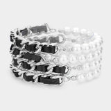 4PCS - Faux Leather Braided Pearl Beaded Multi Layered Bracelets