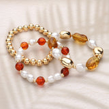 3PCS - Pearl Metal Glass Beaded Stretch Multi Layered Bracelets