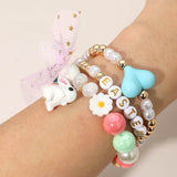 3PCS - Easter Bunny Bow Heart Pearl Flower Beaded Stretch Multi Layered Bracelets