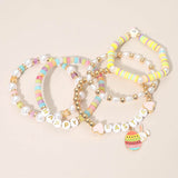 5PCS - HAPPY EASTER Bunny Heart Charm Heishi Beaded Stretch Multi Layered Bracelets