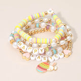 5PCS - HAPPY EASTER Bunny Heart Charm Heishi Beaded Stretch Multi Layered Bracelets
