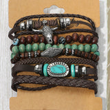 6PCS - Unisex Western Theme Steerhead Turquoise Charm Accent Adjustable Wood Beaded Stretch Multi Layered Bracelets