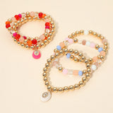3PCS - Oval Stone Charm Ball Beaded Stretch Multi Layered Bracelets