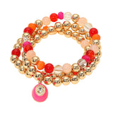 3PCS - Oval Stone Charm Ball Beaded Stretch Multi Layered Bracelets