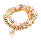 3PCS - Oval Stone Charm Ball Beaded Stretch Multi Layered Bracelets