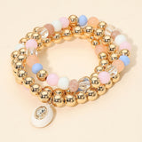 3PCS - Oval Stone Charm Ball Beaded Stretch Multi Layered Bracelets