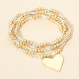 4PCS - Brushed Hammered Metal Heart Plate Charm Accent Metal Ball Beaded Stretch Multi Layered Bracelets