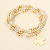 4PCS - Brushed Hammered Metal Cross Plate Charm Accent Metal Ball Beaded Stretch Multi Layered Bracelets