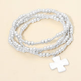 4PCS - Brushed Hammered Metal Cross Plate Charm Accent Metal Ball Beaded Stretch Multi Layered Bracelets